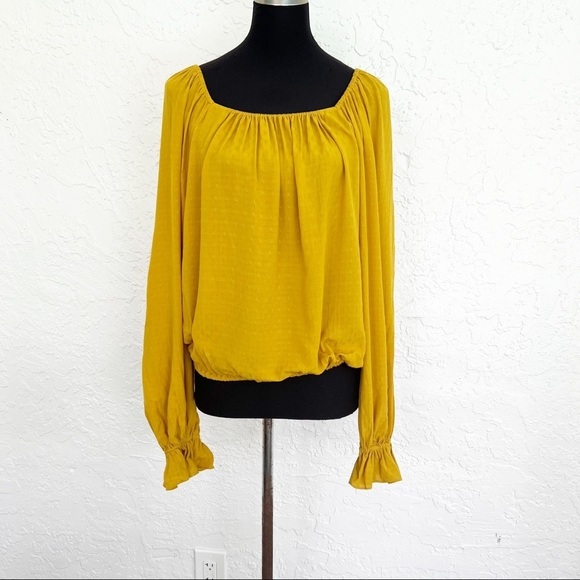 Ramy Brook Jacquard Puff Sleeve Blouse in Gold Large - Picture 2 of 7